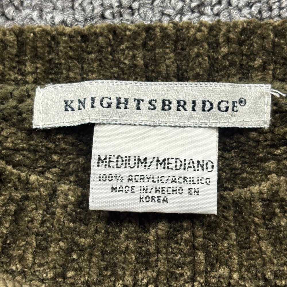 Vintage 1990s Knightsbridge Argyle Chenille Knit Grandpa Sweater Olive Green Med - Picture 2 of 7